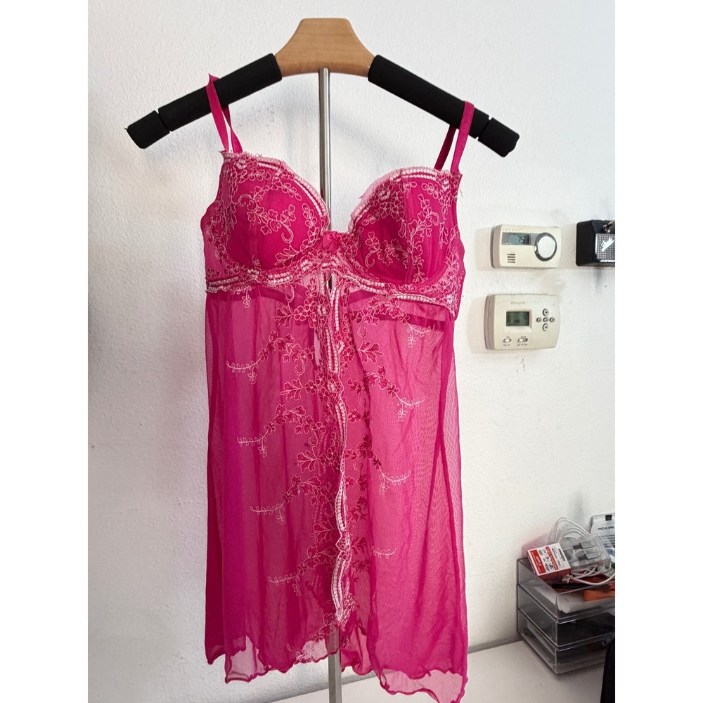 RAMPAGE Y2K VINTAGE Sheer Lace Babydoll Nightdress - Fuchsia Pink Size Medium
